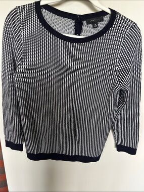 Ann Taylor Navy & White Knit 3/4 length sleeve Crewneck Sweater